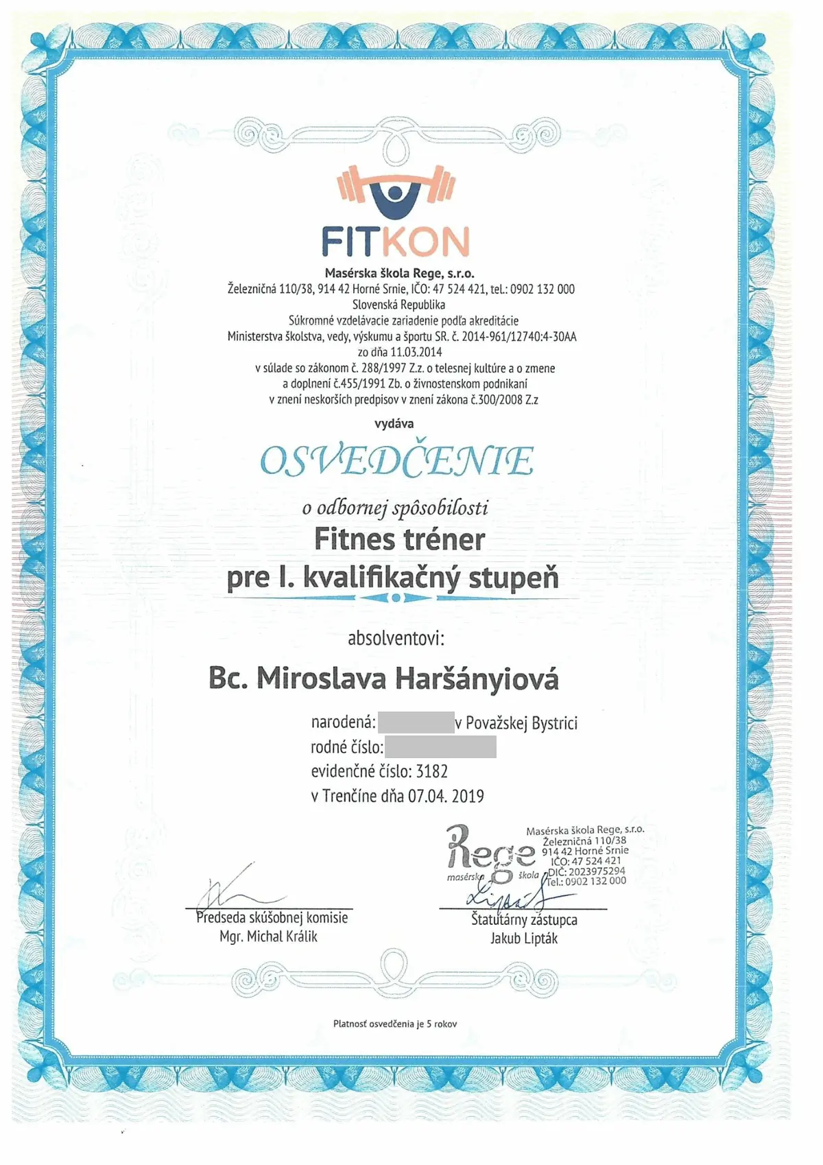 Osvedčenie Fitness tréner pre prvý kvalifikačný stupeň