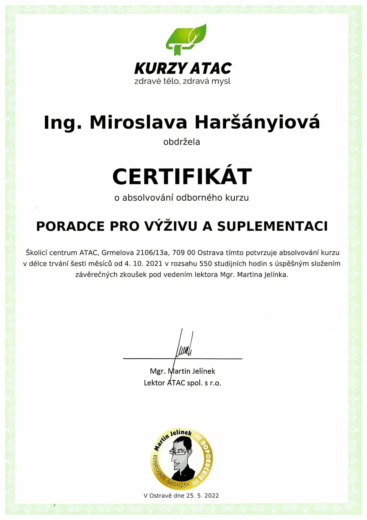 Certifikát Poradca pre výživu a suplementáciu