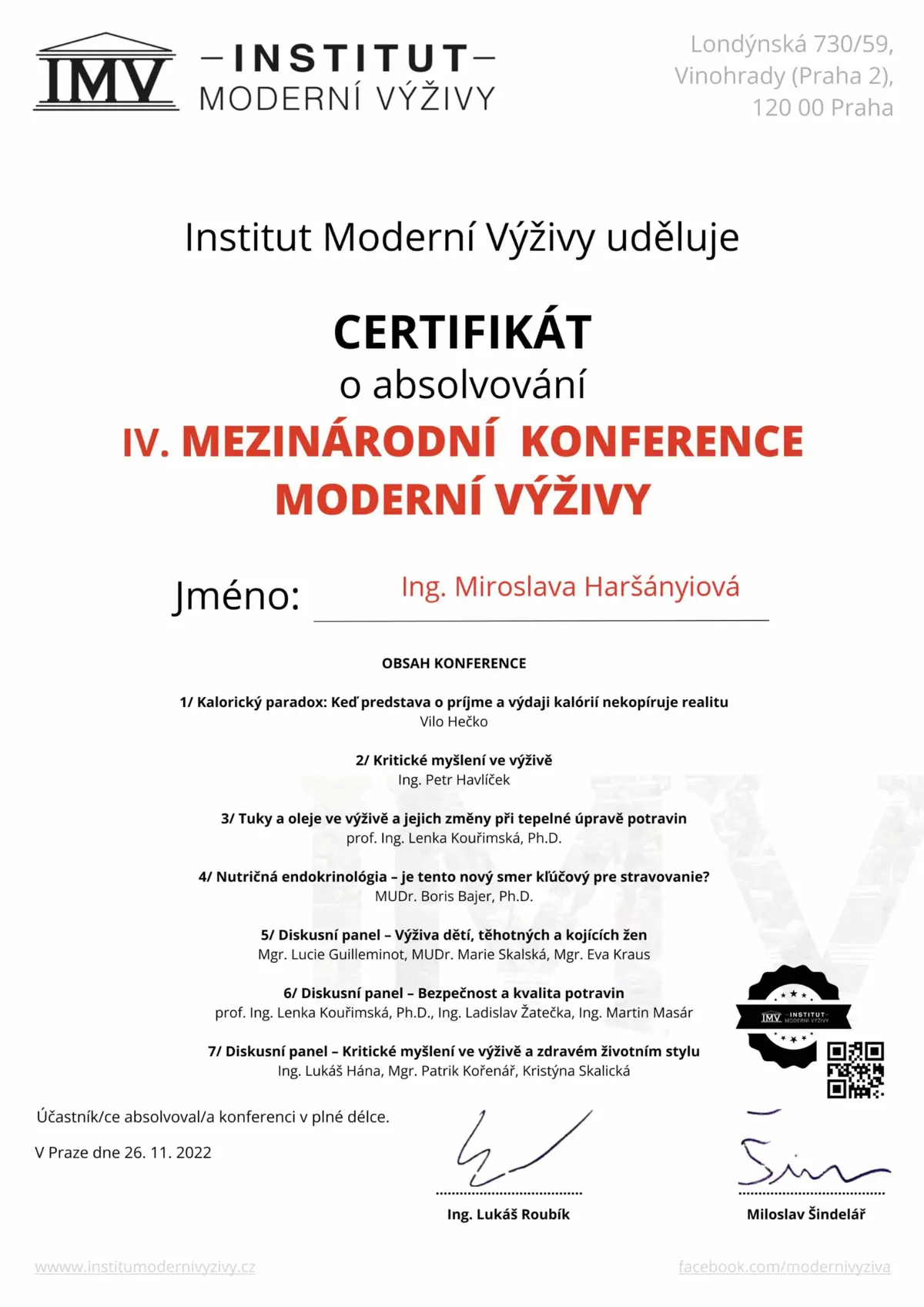 Certifikát zo štvrtej medzinárodnej konferencie modernej výživy